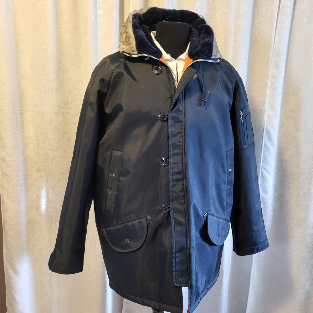 Warm Wear By Nesco Men's Hooded Heavy Jacket, Overcoat, Size XL, Blue and Orange